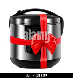 Multicooker with red ribbon and bow. 3D rendering. Gift concept. Realistic vector illustration isolated on white background Stock Vector