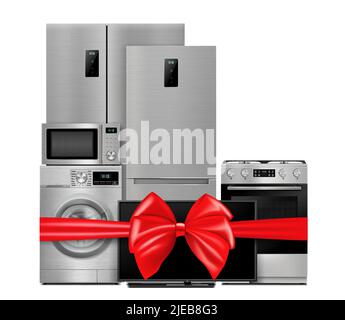 Group of household appliances with red gift ribbon and bow. Refrigerator, microwave, TV, washing machine, gas stove isolated on white background. 3d R Stock Vector