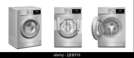 Set of Washing machines isolated on white background. Front view and Perspective view, close-up. 3d realistic vector washer. Stock Vector