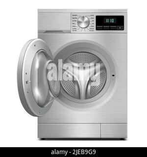 Washing machine mockup isolated on white background. Modern, realistic 3d vector washing machine with open door. llustration of home appliances. Front Stock Vector