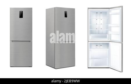 Set of Realistic kitchen refrigerators with open and closed door, isolated fridge machine, freezer. Vector kitchen 3d appliance with digital display, Stock Vector