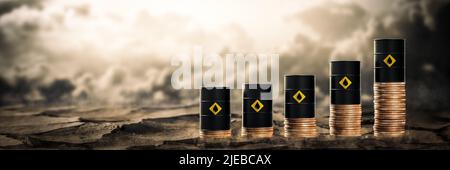 Black Oil Barrels On Stacks Of Coins Showing Price Going Up - Gas Crisis Concept Stock Photo