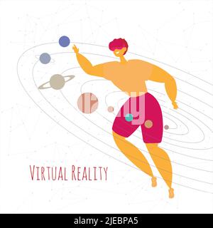 VR virtual reality concept. A man explores space in virtual reality glasses. The guy examines the planets in augmented reality glasses. Vector flat Stock Vector