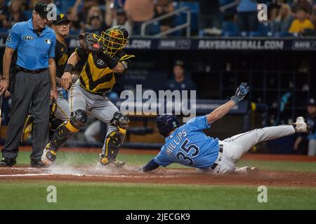 Tampa Bay Rays right fielder Brett Phillips (35) reacts after throwing a  ball to a fan before a baseball game against the Texas Rangers, Sunday,  June 6, 2021, in Arlington, Texas. Tampa