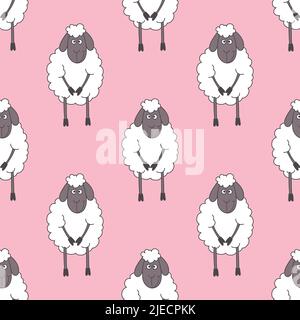 Vector Seamless Pattern with Funny Cute Sheeps on Pink Background. Cartoon Sheeps Seamless Texture, Textile, Wallpaper Design for Girl. Seamless Stock Vector