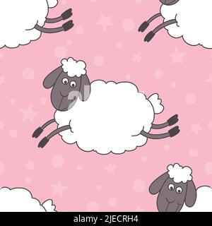 Vector Seamless Pattern with Funny Cute Sheeps on Pink Background. Cartoon Sheeps Seamless Texture, Textile, Wallpaper Design for Girl. Seamless Stock Vector