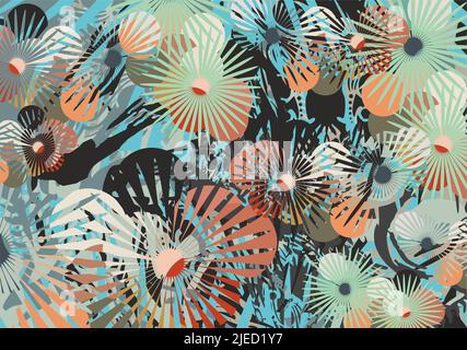 Colorful grunge textured background with floral and animal motifs. Abstract exotic seamless pattern for backgrounds or textures, fabrics, textiles Stock Photo