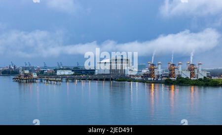 Lake Gatun docks in the Panama Canal Zone. Stock Photo