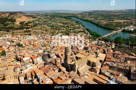 Aerial view of Tudela with cathedral nd arched bridge over Ebro river Stock Photo