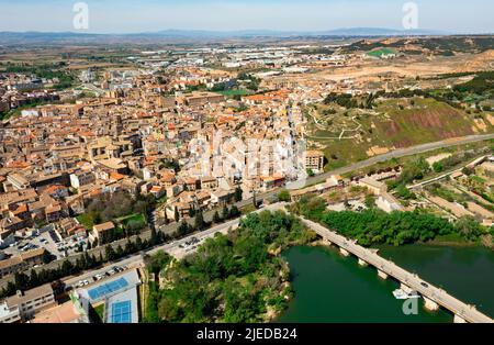 Aerial view of Tudela with cathedral nd arched bridge over Ebro river Stock Photo