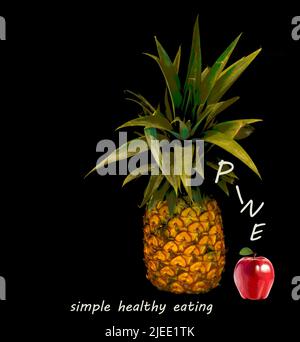 Single pineapple with green stems on top, Red apple and white letters "Pine" and Simple Healthy Eating", Black background and copy space. Stock Photo