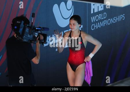 Budapest, Hungary. 26th June, 2022. Chen Yuxi of China reacts after the Women's 10m Platform semifinal of Diving at the 19th FINA World Championships in Budapest, Hungary, June 26, 2022. Credit: Zheng Huansong/Xinhua/Alamy Live News Stock Photo