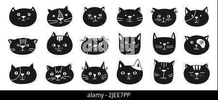 Cat head emotion character scrapbook set. Cute kitten kawaii glyph faces stamp print. Smiling cats funny childish baby doodle flat sticker. Isolated clipart print template for card, poster, cover Stock Vector