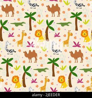 Pattern with palm trees cartoon animals - giraffe, lion, crocodile and zebra, camel. Vector drawing.  Stock Vector