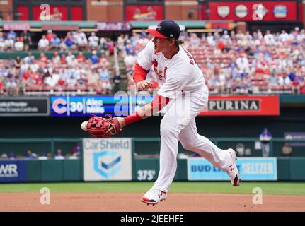 St. Louis, USA. 29th June, 2022. St. Louis, MO. USA; St. Louis Cardinals  second baseman Nolan Gorman (16) hits into an out during an MLB game on  Thursday, June 29, 2023 at