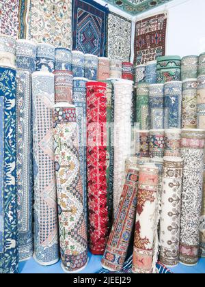 Rugs on Display in Carpet Showroom Stock Photo