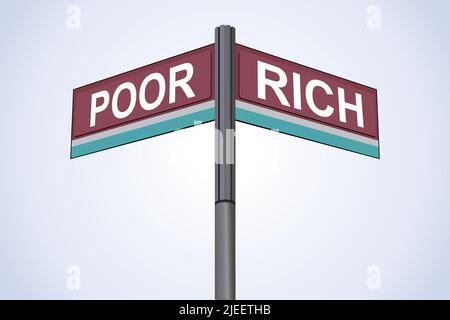 Poor on one side with Rich another direction, chrome road sign, with read and green direction arrow labels, Blue Chalk Background. Stock Vector