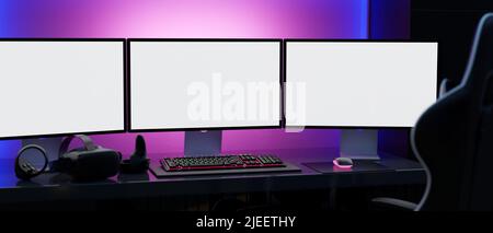 Modern desktop gaming setup on desk with led lights in background. Modern  gaming font concept on computer display Stock Photo - Alamy