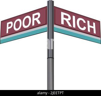 Poor on one side with Rich another direction, chrome road sign, with read and green direction arrow labels, White Background. Stock Vector