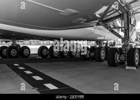 BERLIN, GERMANY - JUNE 23, 2022: Chassis of the world's largest aircraft Airbus A380-800. Exhibition ILA Berlin Air Show 2022 Stock Photo