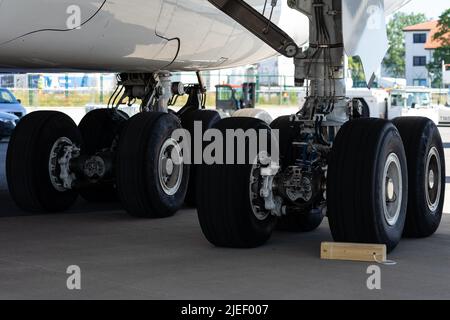 BERLIN, GERMANY - JUNE 23, 2022: Chassis of the world's largest aircraft Airbus A380-800. Exhibition ILA Berlin Air Show 2022 Stock Photo