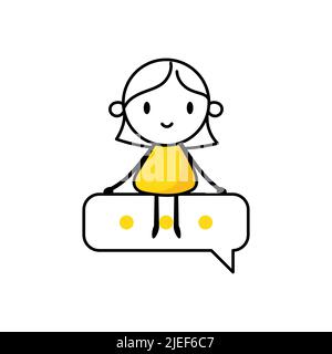 Businesswoman sitting on speech bubble on white background. Hand drawn doodle woman. Vector stock illustration. Stock Vector