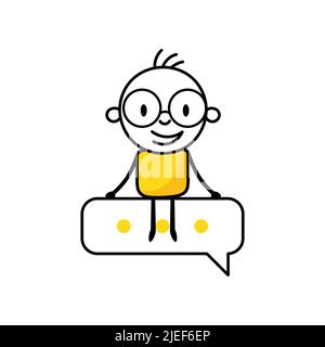 Businessman sitting on speech bubble on white background. Hand drawn doodle man. Vector stock illustration. Stock Vector