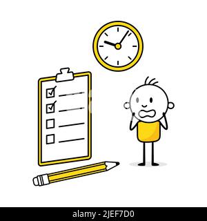 Businessman standing near a big to-do list and a clock. Hand drawn doodle man in panic isolated on white background. Deadline business concept. Vector Stock Vector