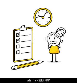 Businesswoman standing near a big to-do list and a clock. Hand drawn doodle woman in panic isolated on white background. Deadline business concept Stock Vector