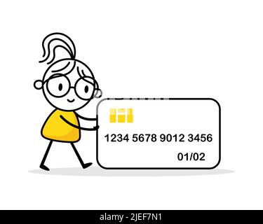 Woman pushing a big credit card. Financial and banking concept. Vector stock illustration Stock Vector