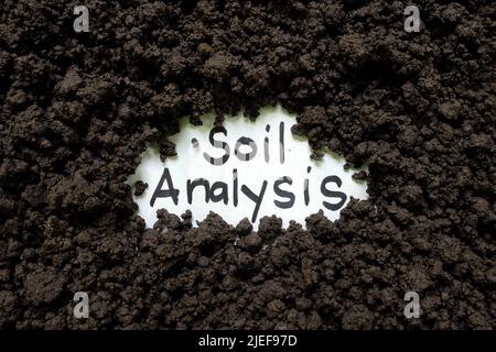 Soil Analysis in agriculture concept. Written word on piece of paper on soil. Stock Photo