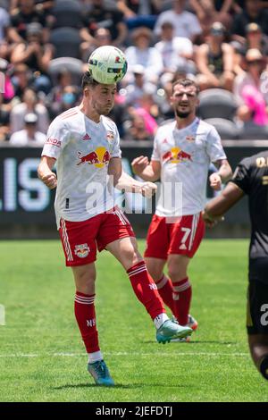 New York Red Bulls midfielder Lewis Morgan (10) heads the ball during a MLS match against the Los Angeles FC, Sunday, June 26, 2022, at the Banc of Ca Stock Photo