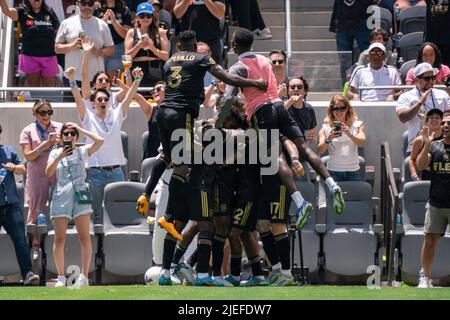 Los Angeles FC team celebrates a goal by defender Diego Palacios (12) during a MLS match against the New York Red Bulls, Sunday, June 26, 2022, at the Stock Photo