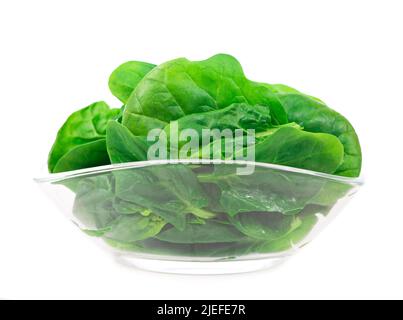 Pile of fresh green healthy baby spinach leaves on white background Stock Photo