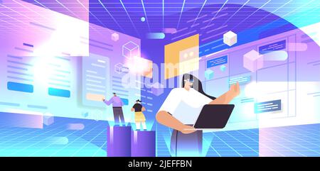 businesspeople in digital VR glasses working on laptop exploring virtual reality vision headset innovation metaverse Stock Vector
