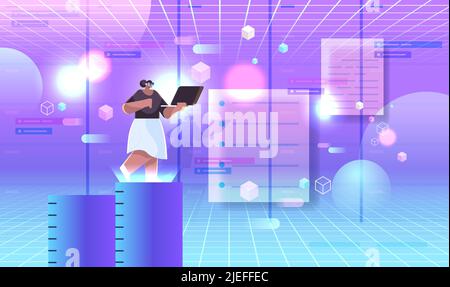 businesswoman in digital glasses working on laptop exploring vr vision headset innovation metaverse concept Stock Vector