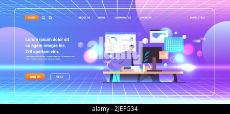 businessman in digital VR glasses working on laptop exploring virtual reality vision headset innovation metaverse Stock Vector