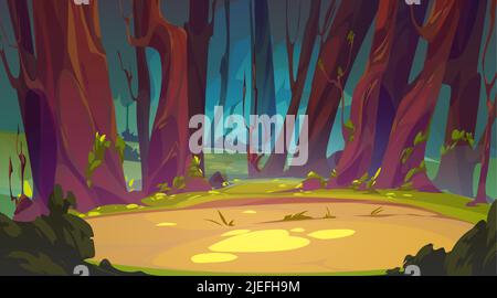 Deep forest landscape with dirt path, cartoon vector illustration. Fairy tale or playful background, with murky forest thicket and dark trees Stock Vector