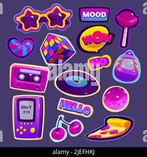 Retro stickers in 90s style. Comic patch badges with star shaped sunglasses, pizza and gameboy. Vector cartoon set of cute icons of cassette, vinyl record, rubiks cube and candies Stock Vector