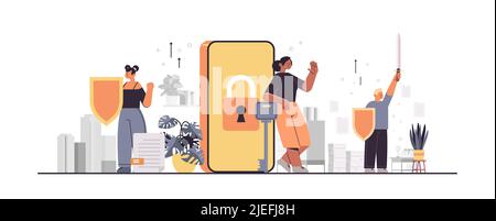 people standing near locked smartphone with padlock mobile account privacy security concept Stock Vector