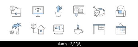 Home office, freelance doodle icons set. Cogwheel and palm tree, house and globe, coffee cup. Workplace desk, calendar, computer, potted plant and sleeping cat, cosy armchair. Line art vector elements Stock Vector
