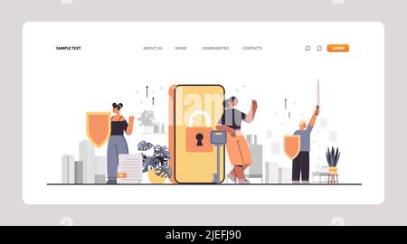 people standing near locked smartphone with padlock mobile account privacy security concept Stock Vector