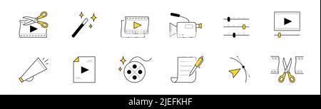 Video edition doodle icons vector set. Film, scissors, magic wand and camcorder. Sliders, loudspeaker, play button and reel. Pen with paper contract, arrow, music app and monitor Stock Vector