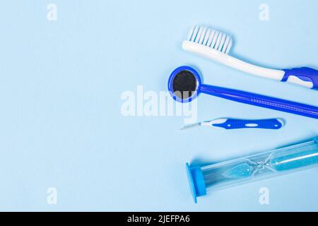 set for thorough cleaning of the oral cavity. Equipment for cleaning braces and plaque from teeth. Necessary tools for brushing teeth. Stock Photo