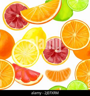 Seamless pattern with citrus fruits with orange, grapefruit, lemon, tangerine and lime on a white background Stock Vector