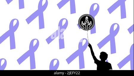 Illustration of boy holding balloon and blue awareness ribbons on white background, copy space Stock Photo