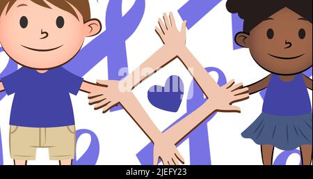 Illustration of boy and girl with hands in square shape and heart with blue awareness ribbons Stock Photo
