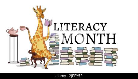 Illustration of giraffe with coffee reading book on chair and books stack with literacy month text Stock Photo
