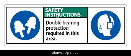 Safety Instructions Sign Double Hearing Protection Required In This Area With Ear Muffs & Ear Plugs Stock Vector
