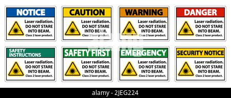 Laser radiation,do not stare into beam,class 2 laser product Sign on white background Stock Vector